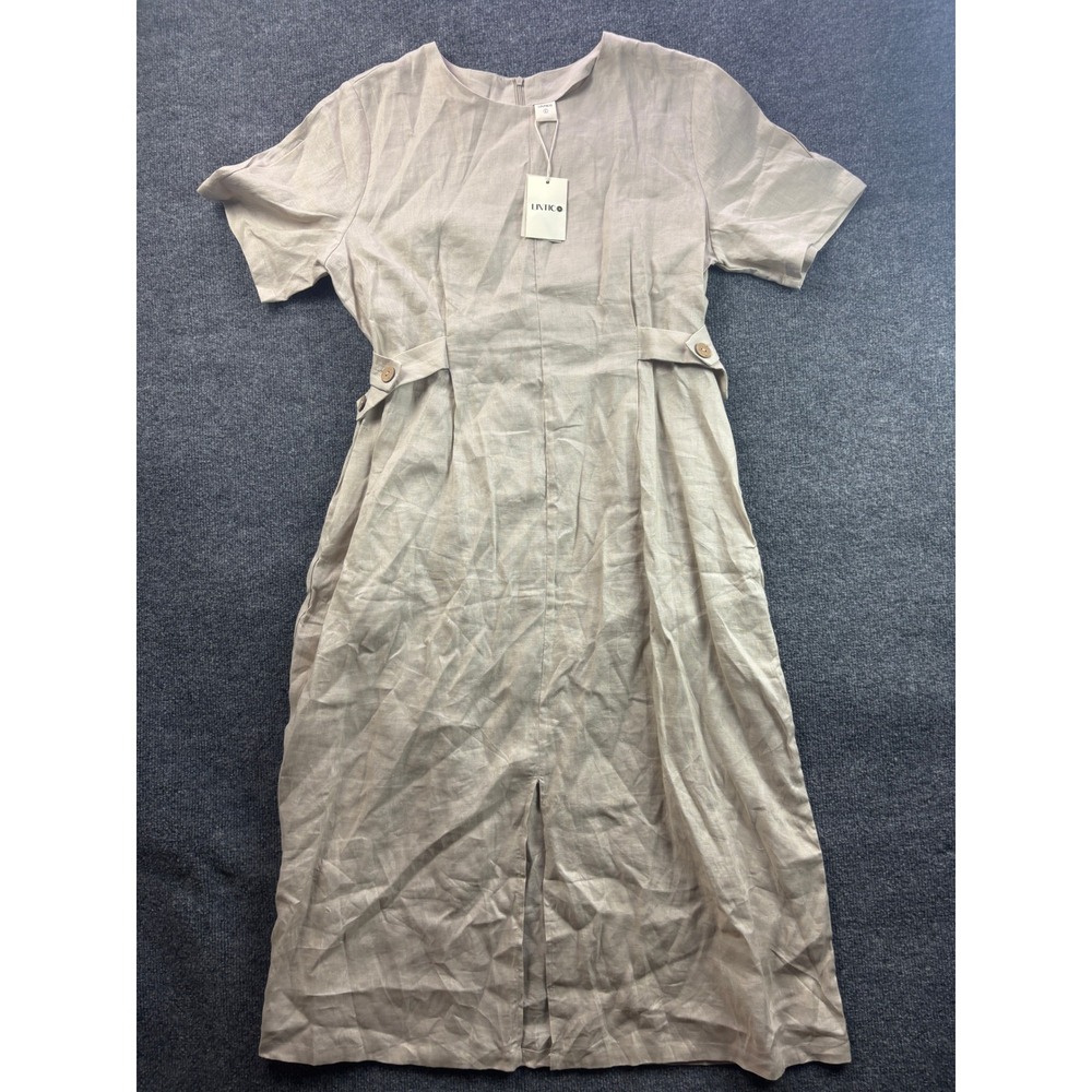 Lintico Midi Dress Women Size L 100% Linen Short Sleeve Button Waist Slit NWT